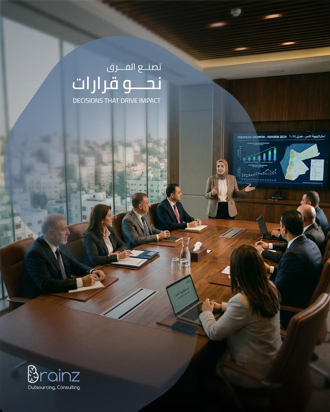 A consultant presenting a growth strategy to leadership in a boardroom.